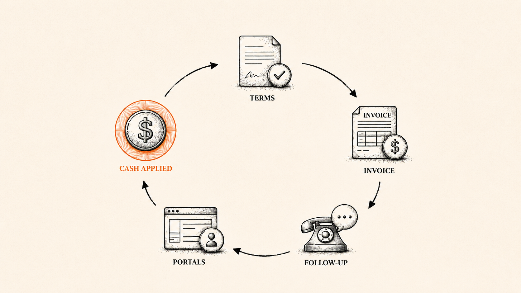 Stipple illustration of a clean invoice-to-cash cycle with each best-practice step in place.