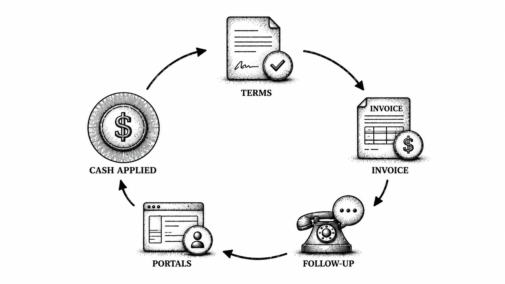 Stipple illustration of a clean invoice-to-cash cycle with each best-practice step in place.