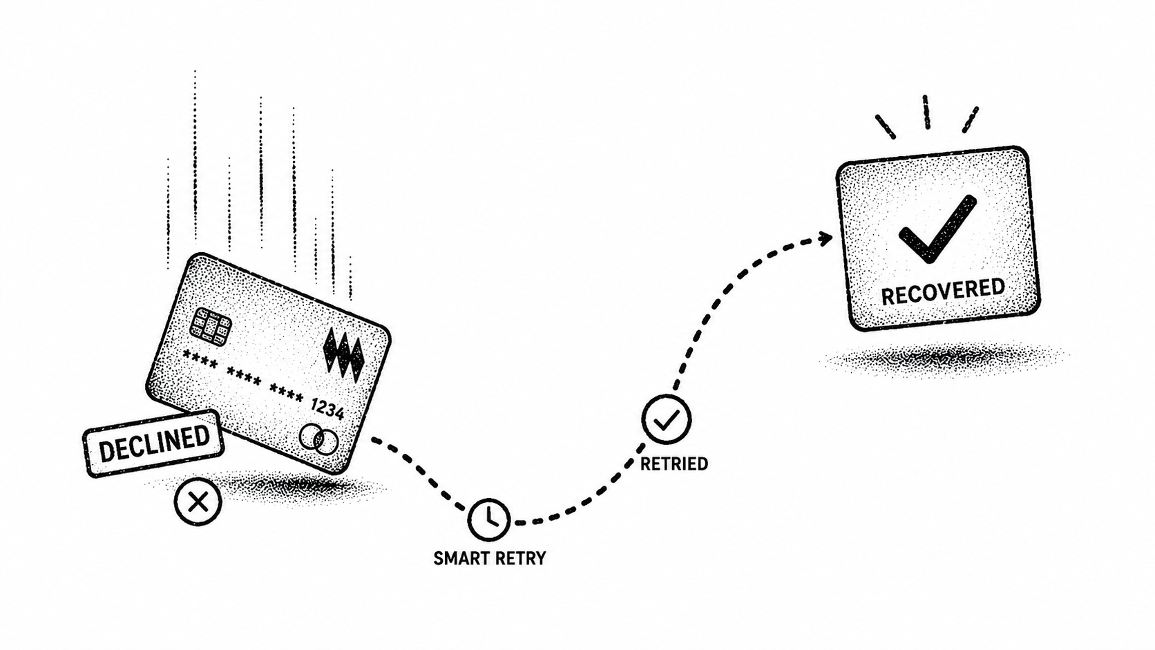 Stipple illustration of a failed charge being quietly retried and recovered before it becomes churn.