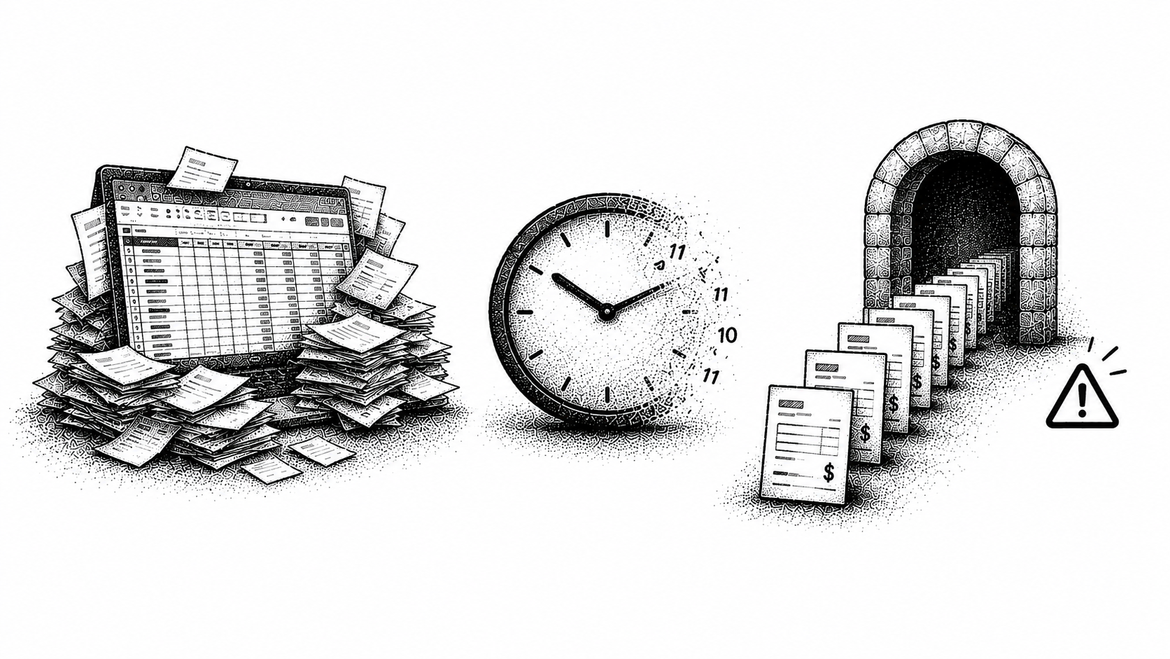 Stipple illustration of subtle warning signs in a manual AR process, like a growing spreadsheet and a quiet clock.