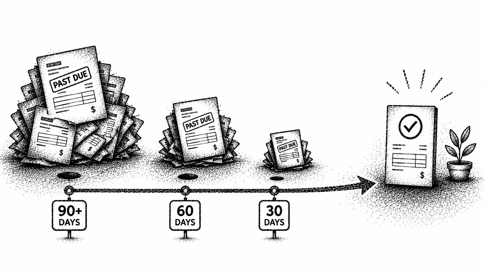 Stipple illustration of an aging stack of invoices shrinking as follow-up clears the past-due pile.