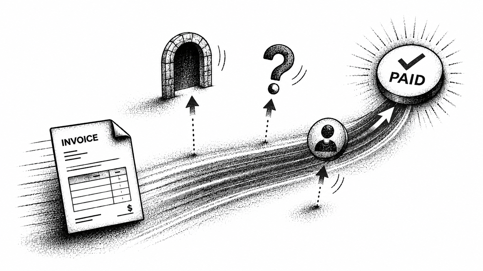 Stipple illustration of friction being removed from an invoice's path so payment arrives sooner.