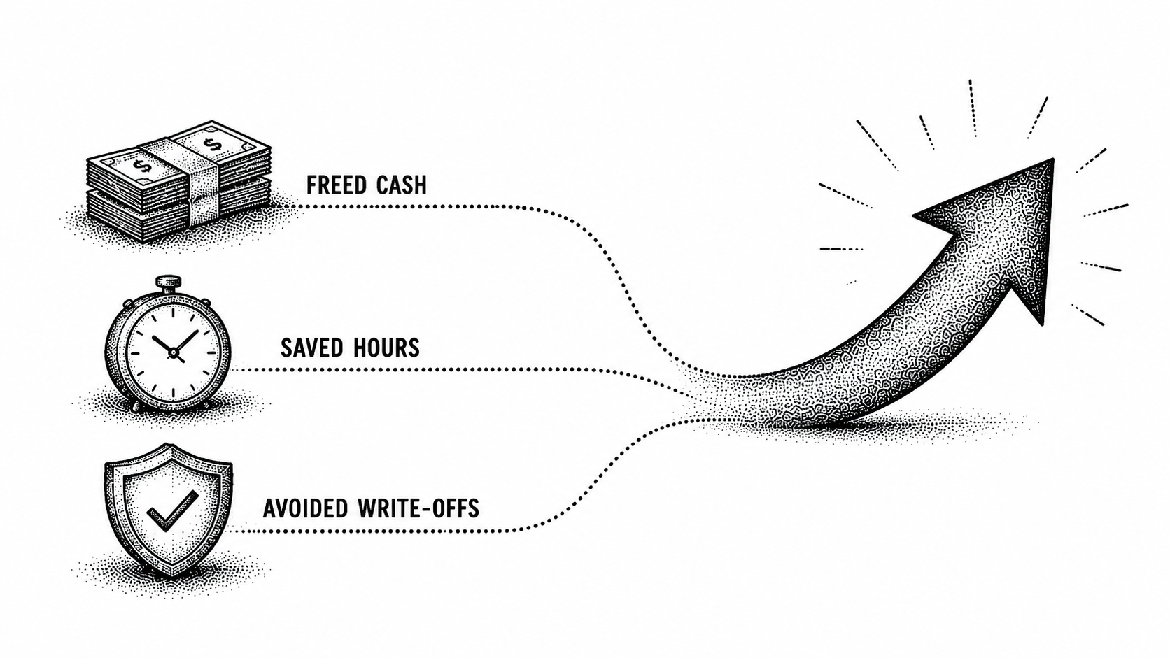 Stipple illustration of three inputs (freed cash, hours saved, bad debt avoided) adding up to return.
