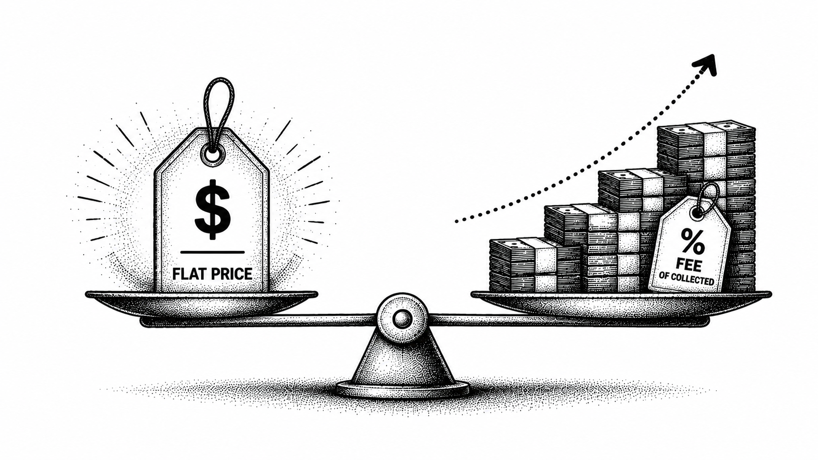 Stipple illustration contrasting a flat, predictable subscription with a percentage-of-collections fee.