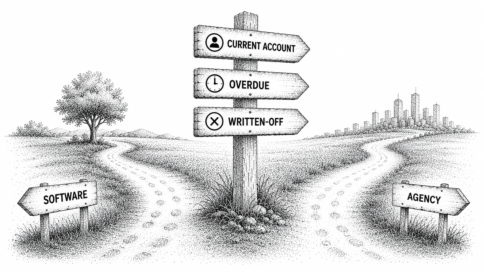Stipple illustration of a decision crossroads with a signpost, representing when to use a collection agency versus software.