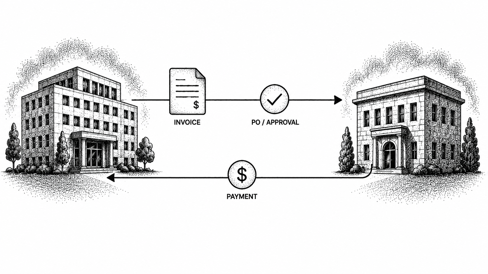 Stipple illustration of two businesses connected by an invoice flowing into payment, representing B2B debt collection.