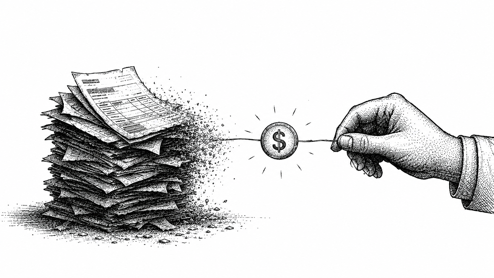 Stipple illustration of a hand drawing cash back from an aging invoice pile, representing recovering bad debt step by step.