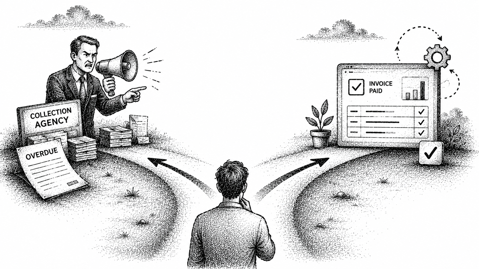 Stipple illustration of two diverging paths, one toward a person at a desk and one toward an automated system, representing the choice between a collection agency and collections software.