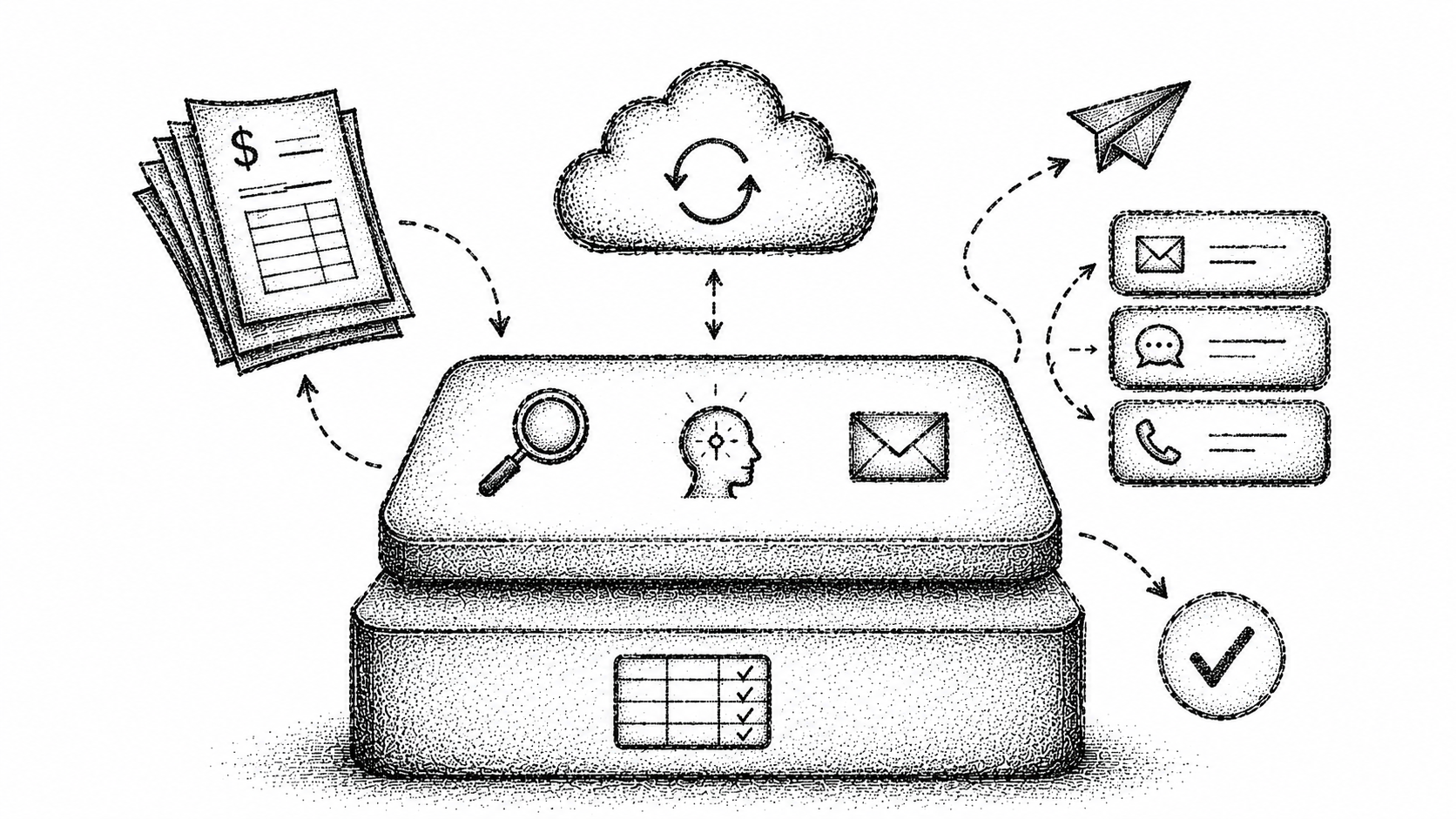 Stipple illustration of an intelligent AR layer sitting on top of QuickBooks, syncing invoices and chasing them to paid.