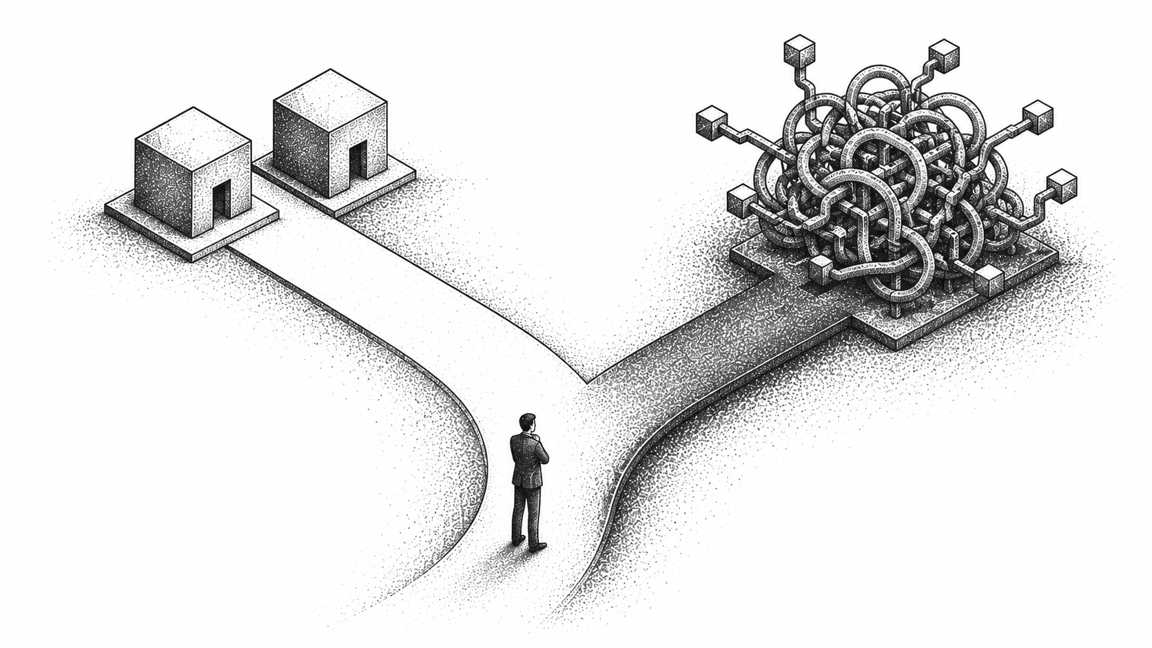 Stipple illustration contrasting two simple, separate building blocks against one over-engineered tangle, the simple path favored.