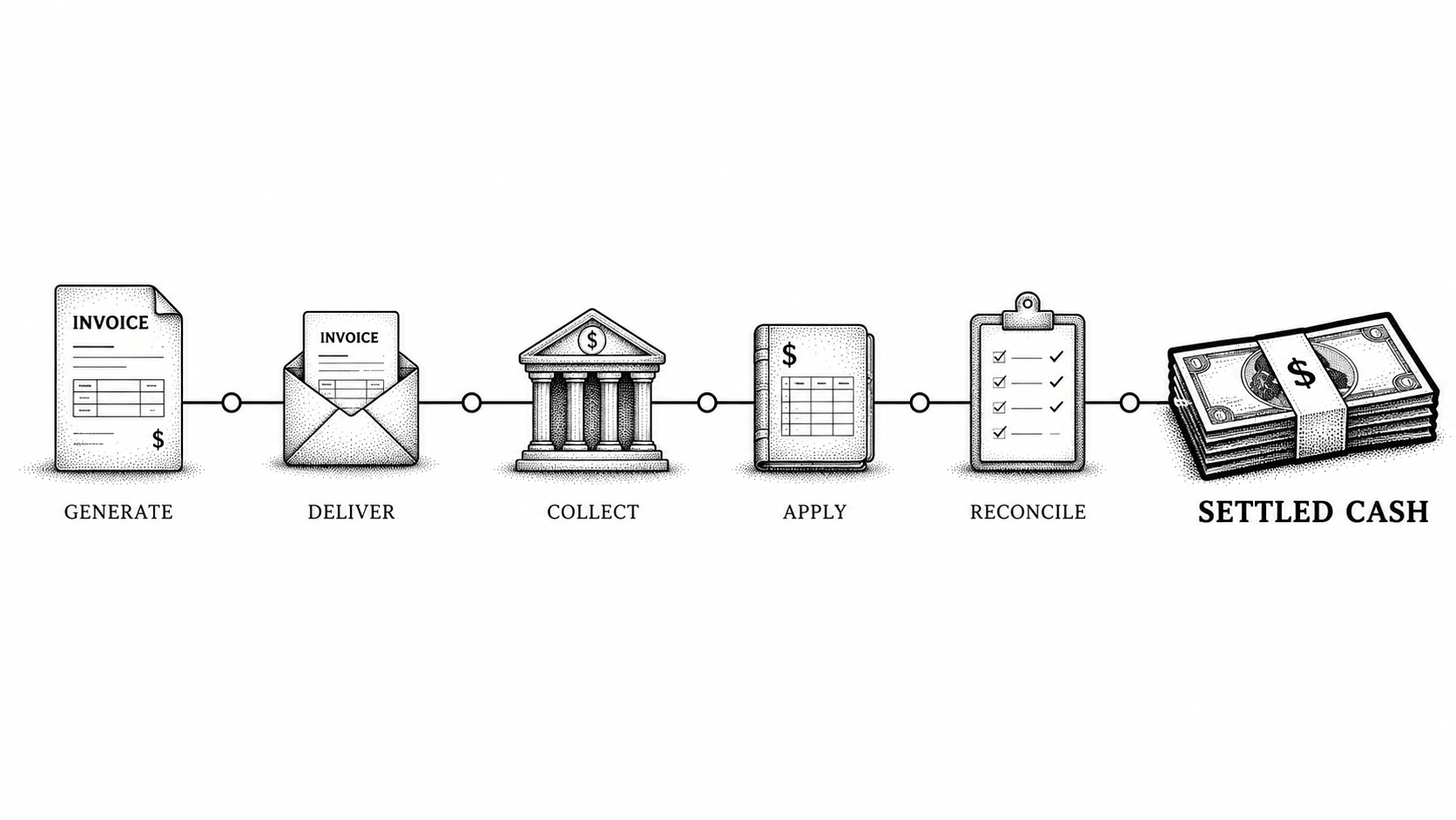 Stipple illustration of an invoice traveling a clean path through to collected cash.