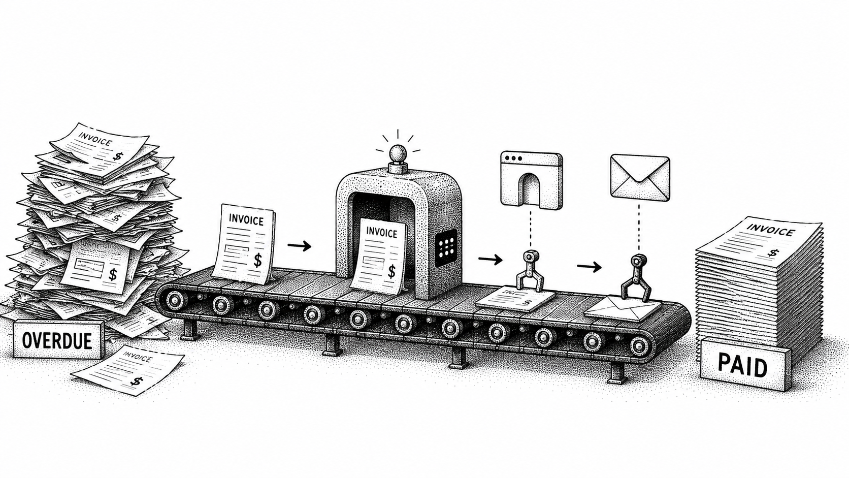 Stipple illustration of an automated system routing invoices into a tidy "paid" stack.