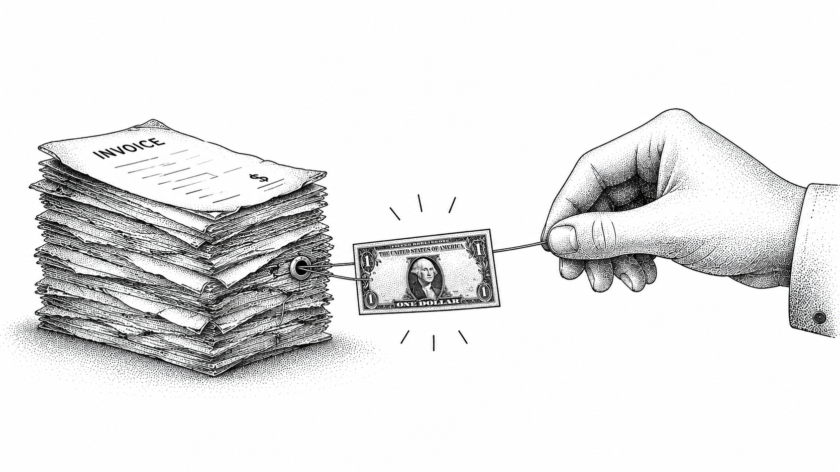 Stipple illustration of a hand drawing cash back from an aging invoice pile.