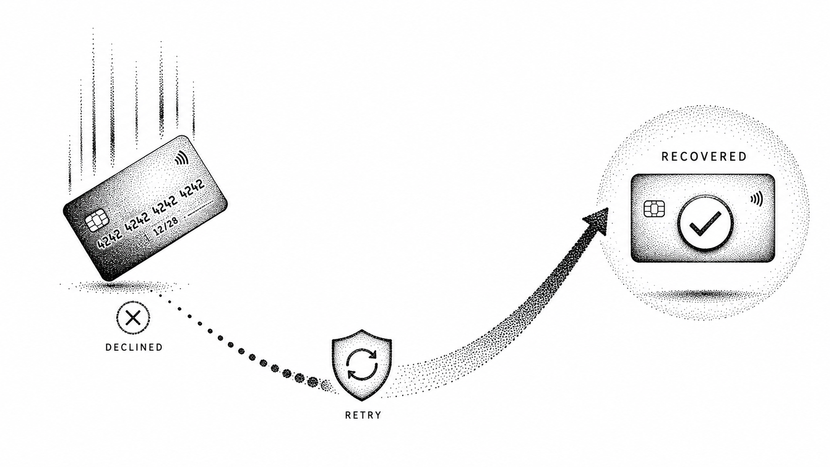 Stipple illustration of a failed charge being quietly retried and recovered before it becomes churn.