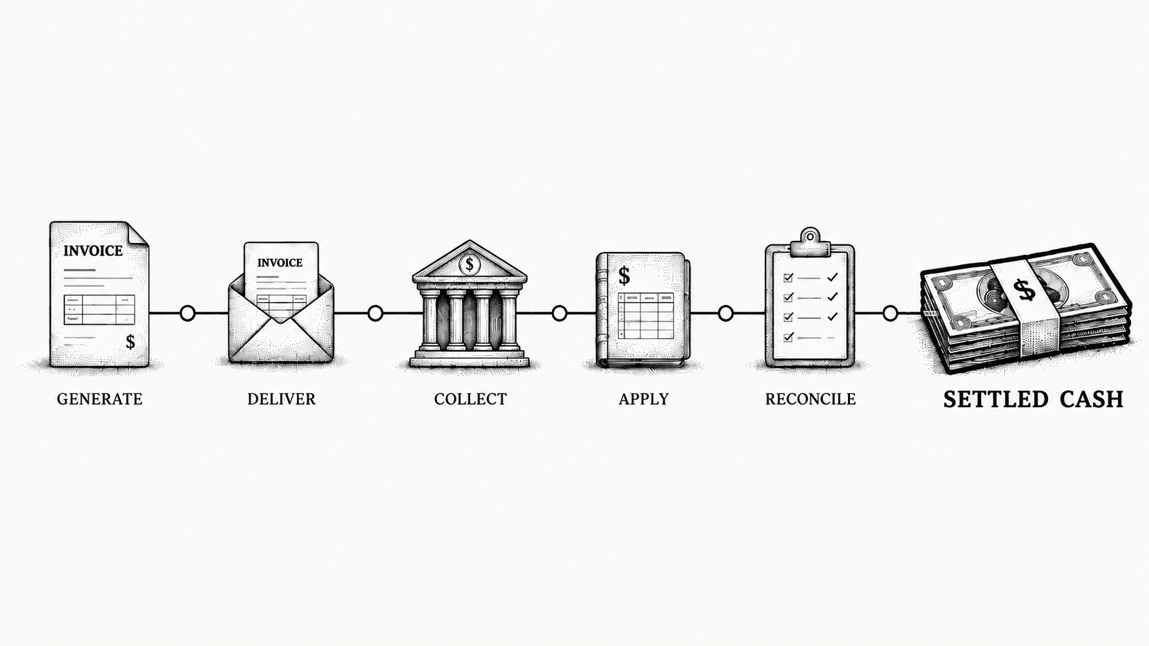 Stipple illustration of an invoice traveling a clean path through to collected cash.
