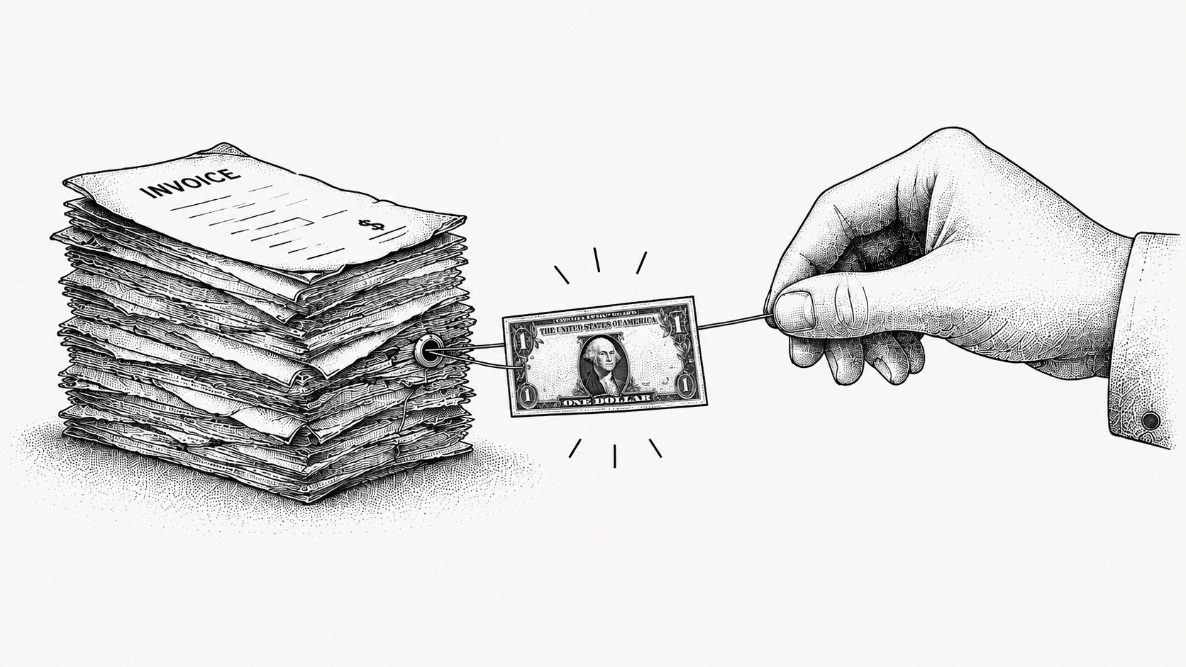 Stipple illustration of a hand drawing cash back from an aging invoice pile.