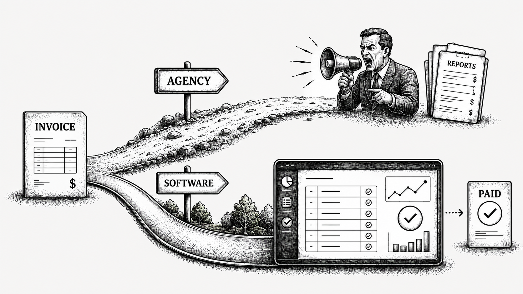 Stipple illustration of two diverging paths, one toward a person at a desk and one toward an automated system.