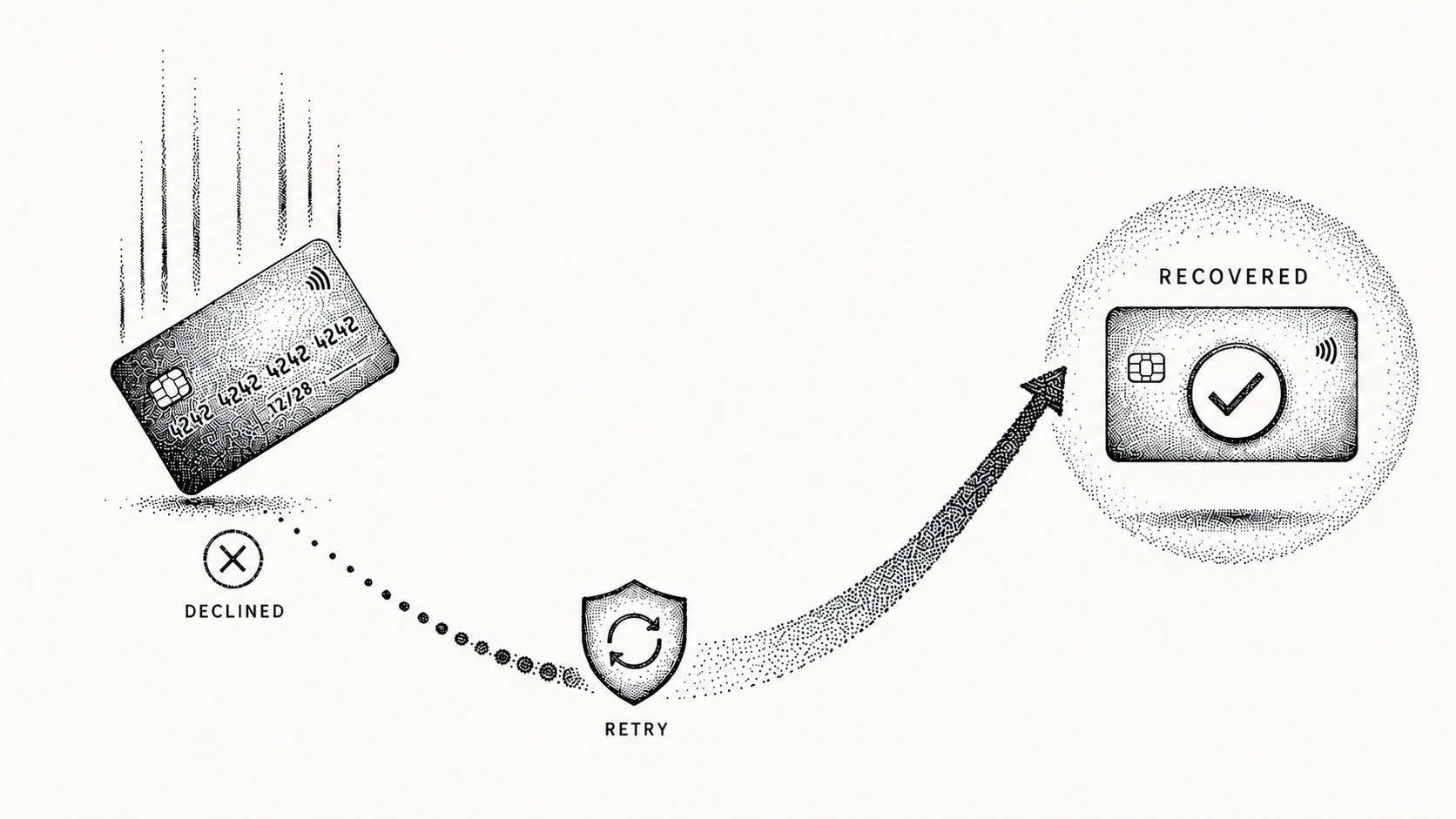 Stipple illustration of a failed charge being quietly retried and recovered before it becomes churn.