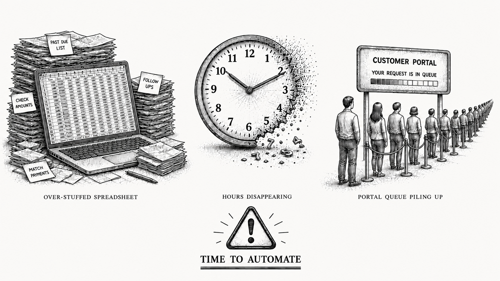 Stipple illustration of subtle warning signs in a manual AR process, like a growing spreadsheet and a quiet clock.