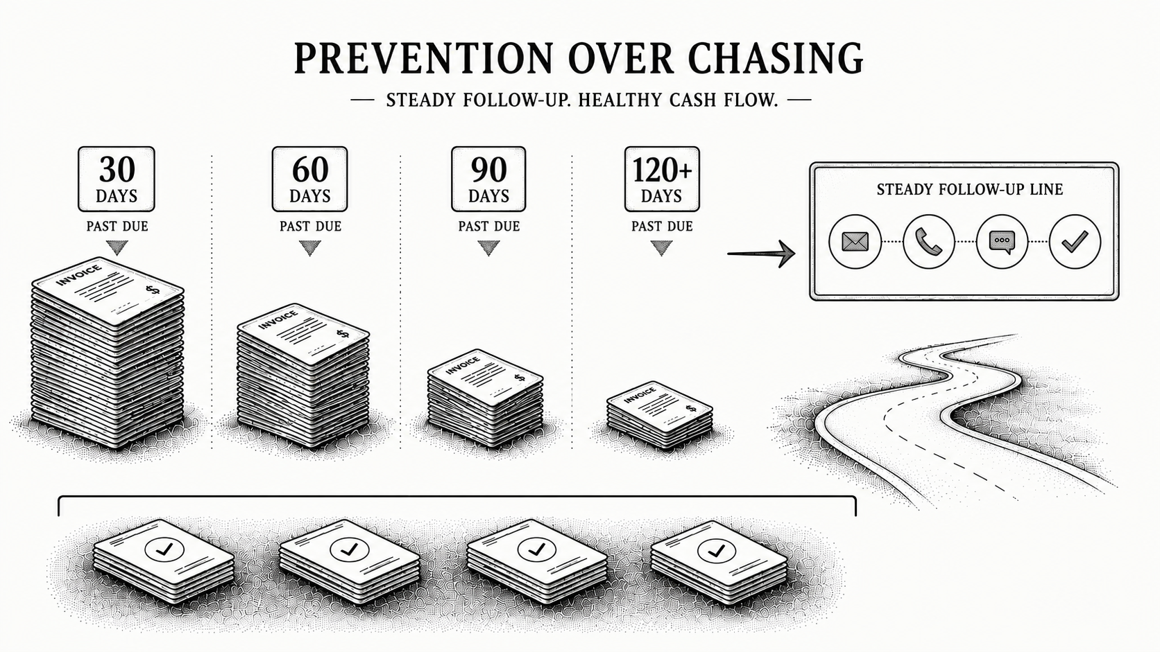 Stipple illustration of an aging stack of invoices shrinking as follow-up clears the past-due pile.