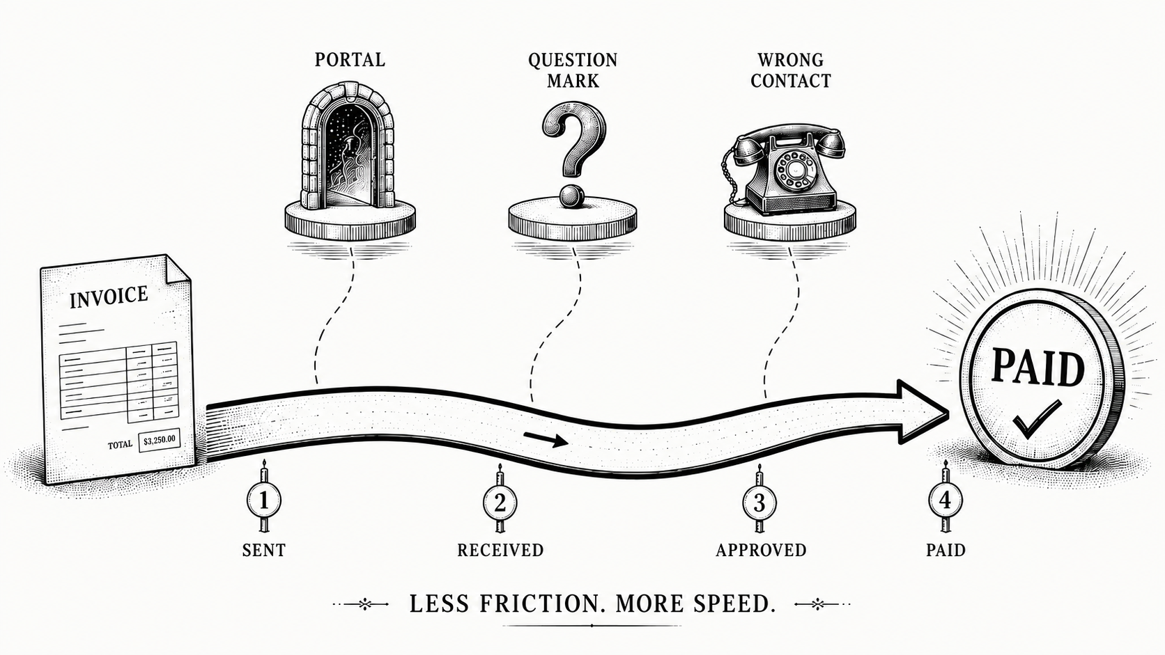Stipple illustration of friction being removed from an invoice's path so payment arrives sooner.