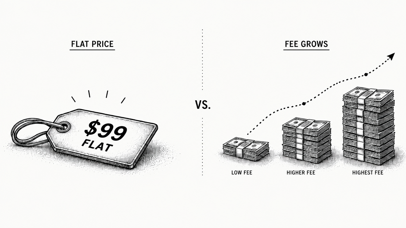 Stipple illustration contrasting a flat, predictable subscription with a percentage-of-collections fee.