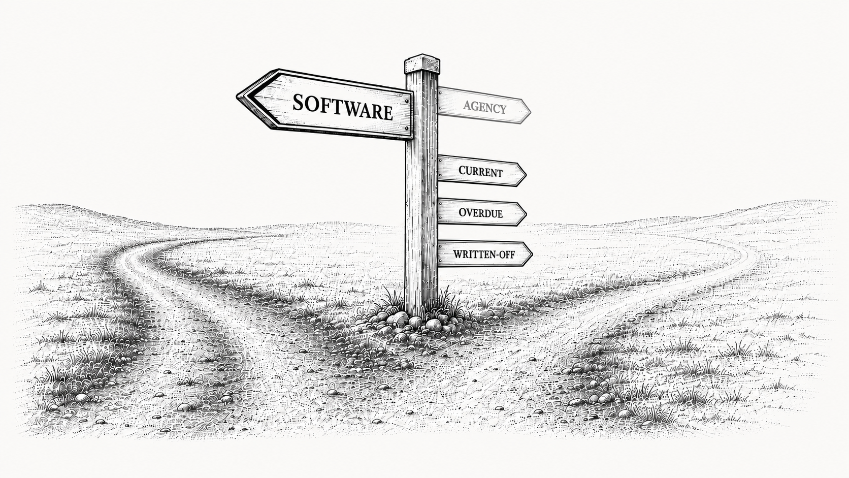 Stipple illustration of a decision crossroads with a signpost.