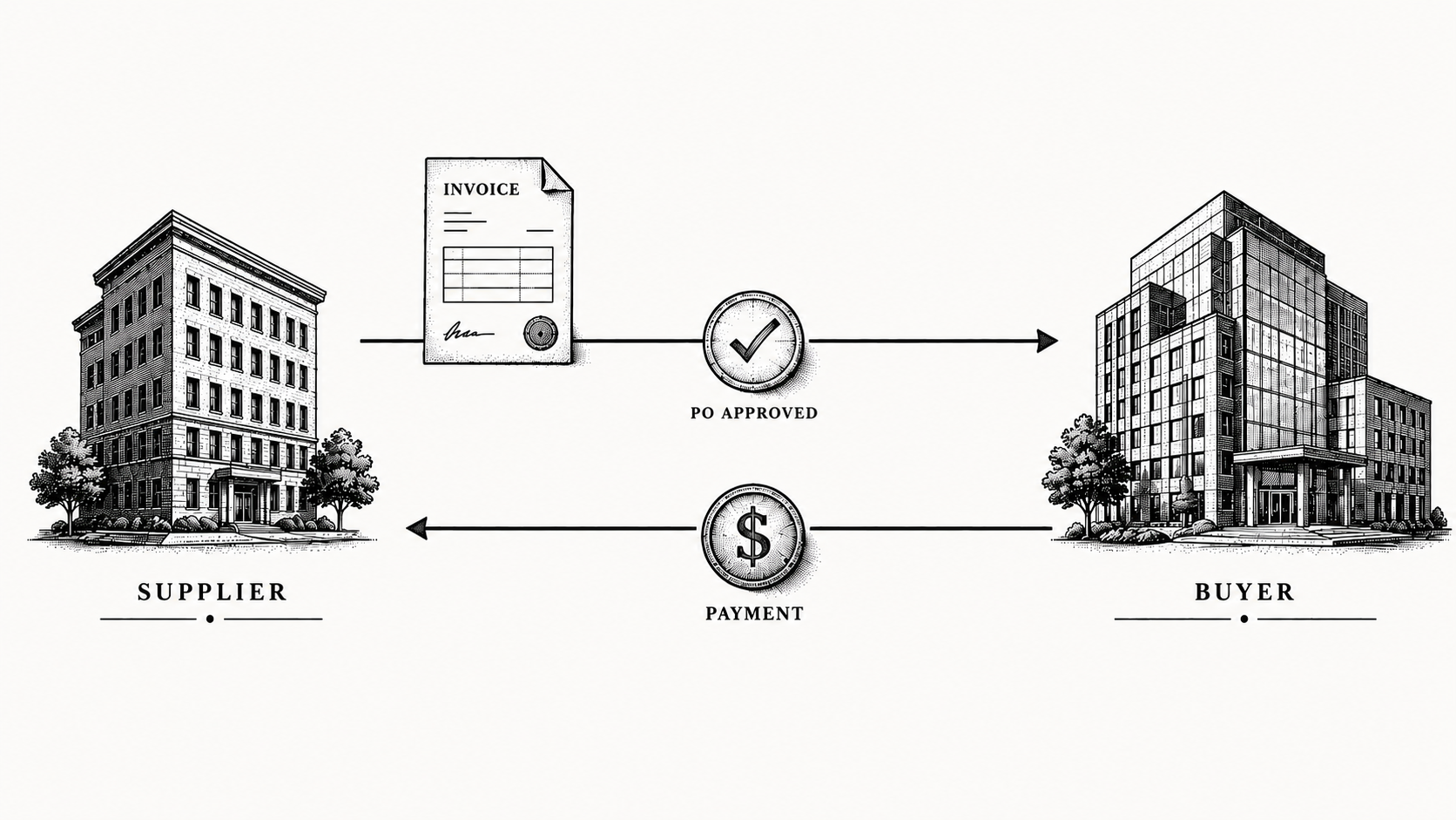 Stipple illustration of two businesses connected by an invoice flowing into payment.