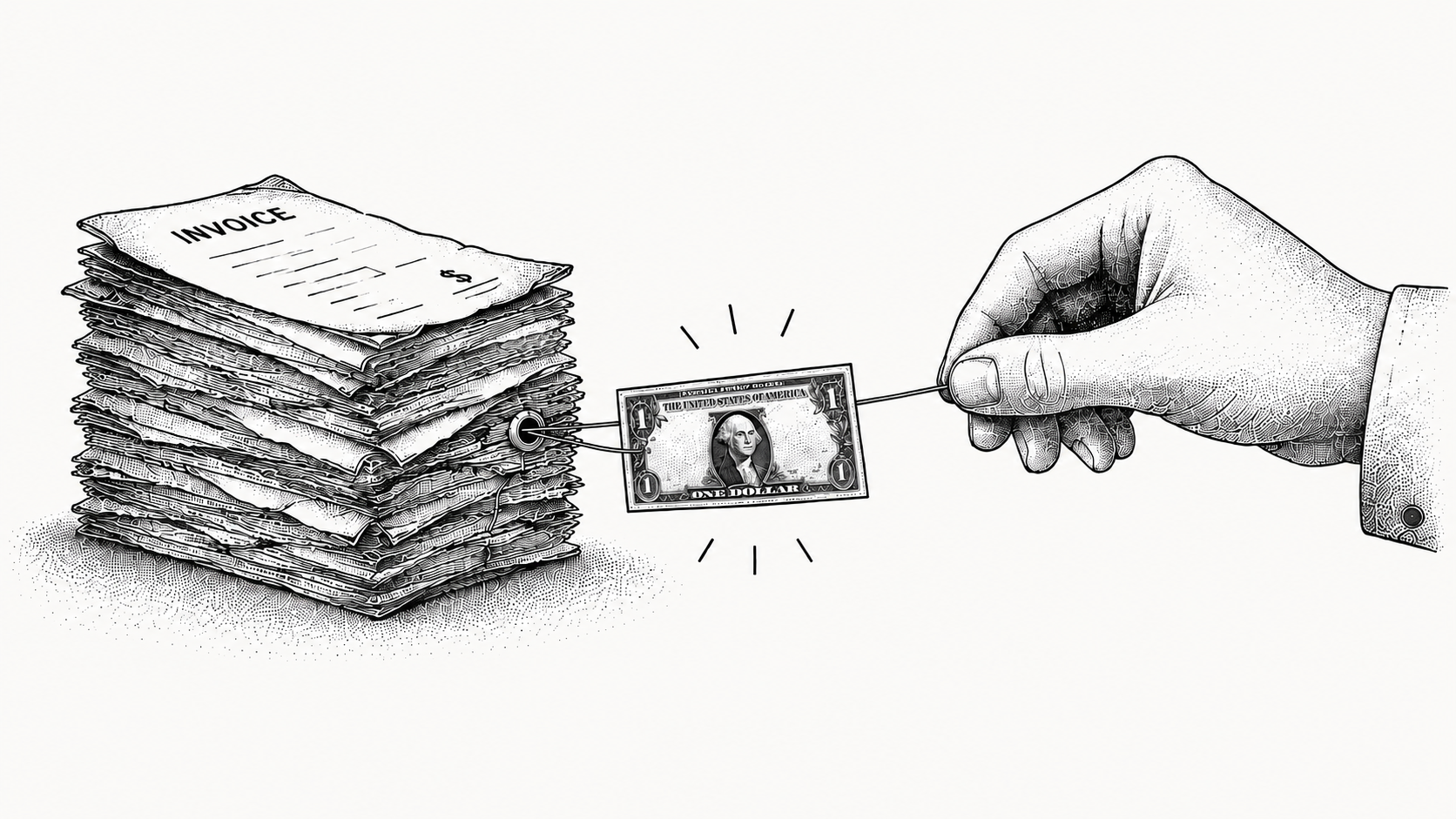 Stipple illustration of a hand drawing cash back from an aging invoice pile.