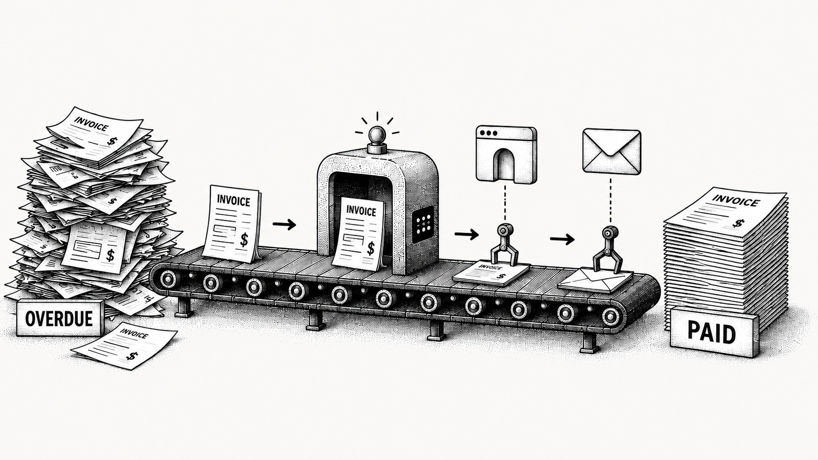 Stipple illustration of an automated system routing invoices into a tidy "paid" stack.