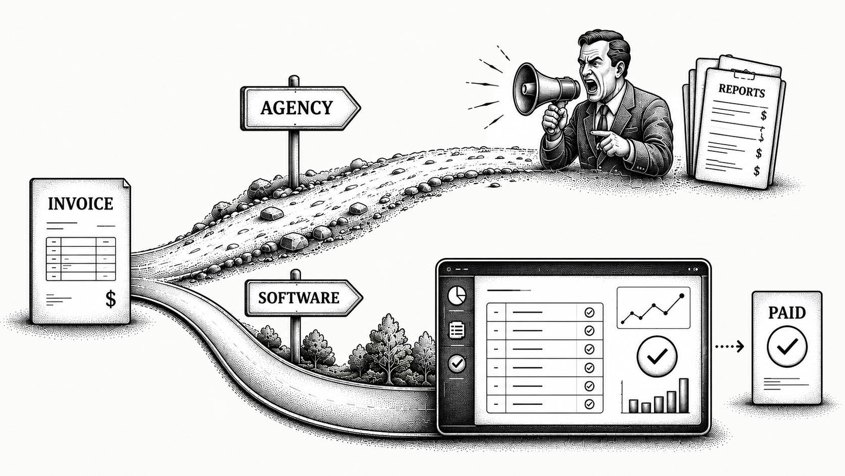 Stipple illustration of two diverging paths, one toward a person at a desk and one toward an automated system.
