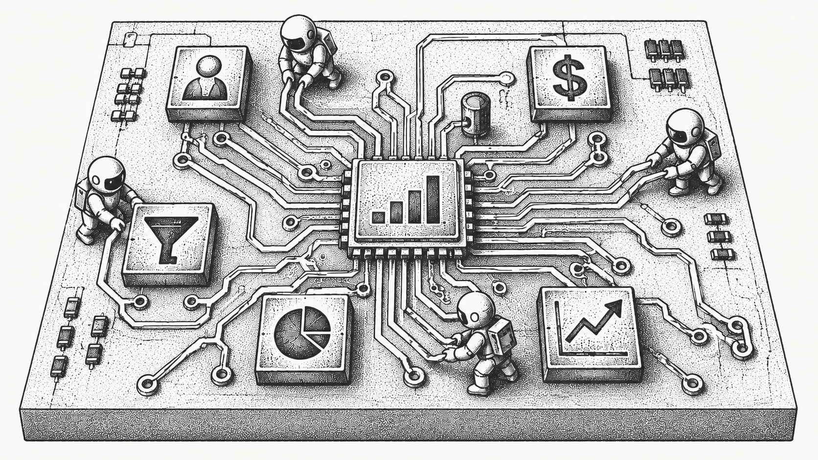 Illustration of autonomous agents automating revenue operations and financial workflows.
