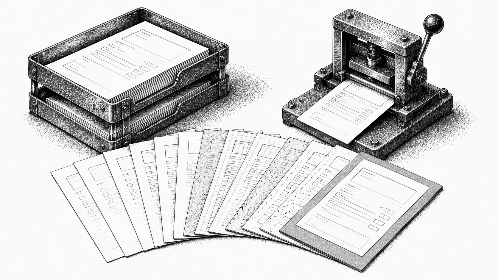 Isometric stipple illustration of a desk with eleven identical blank forms fanned across it, representing the repeated manual submissions required by separate accounts payable portals.