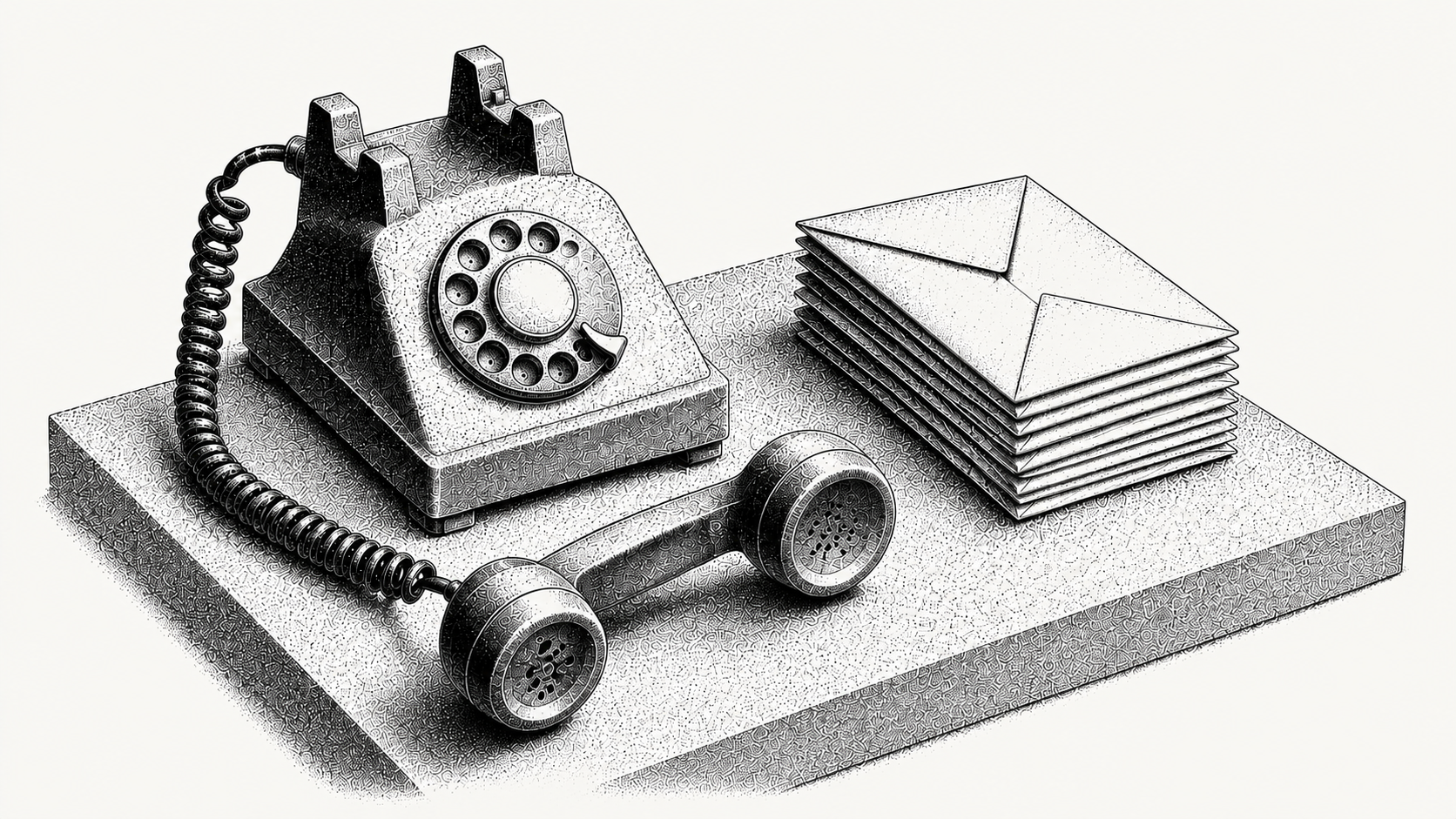 Isometric stipple illustration of a rotary telephone with the handset lifted beside a stack of unopened envelopes, representing a collections call succeeding where email has stalled.