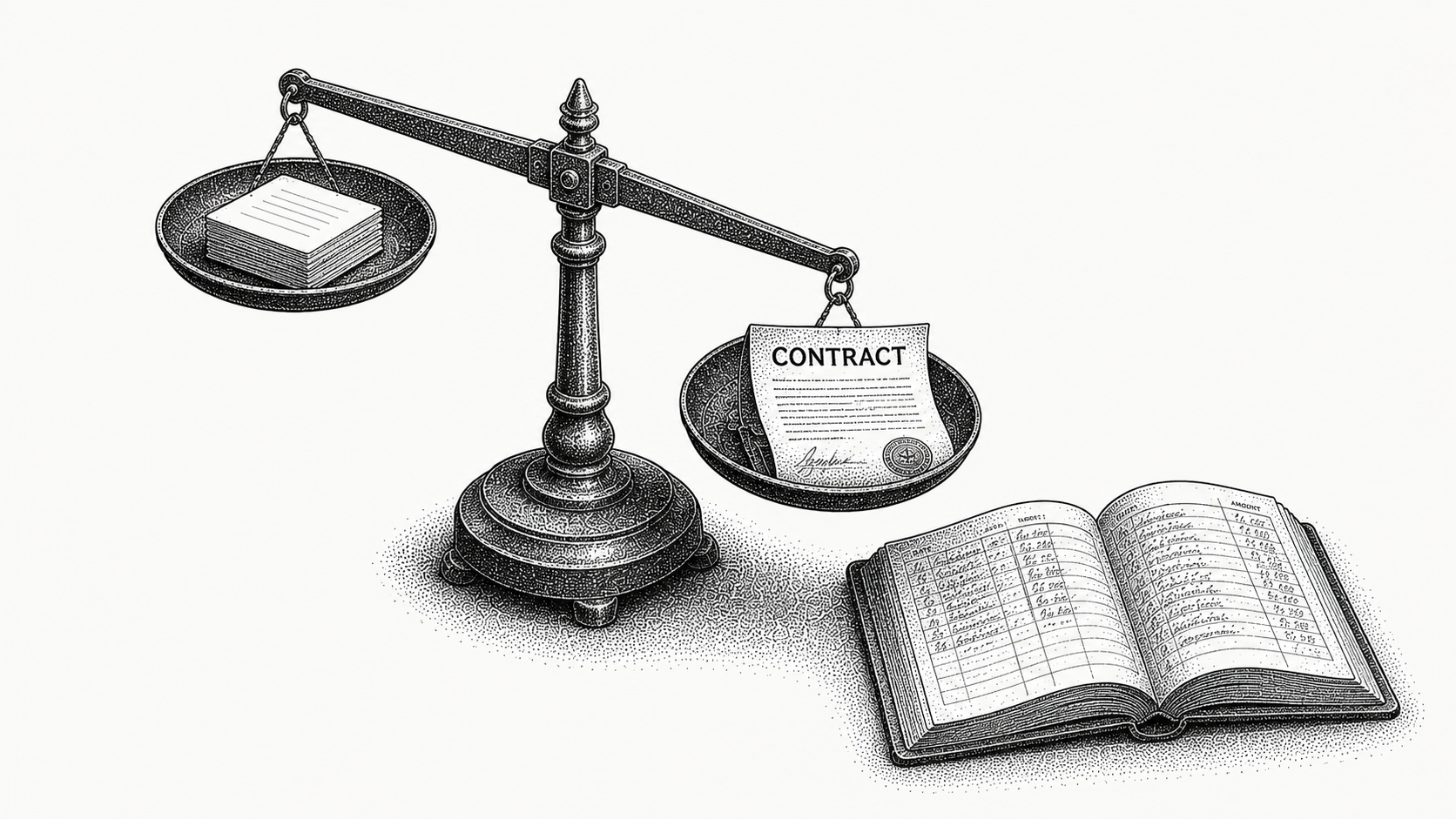 Isometric stipple illustration of a tipped brass balance scale weighing index cards against a contract, representing the decision of what payment terms a customer should be given.