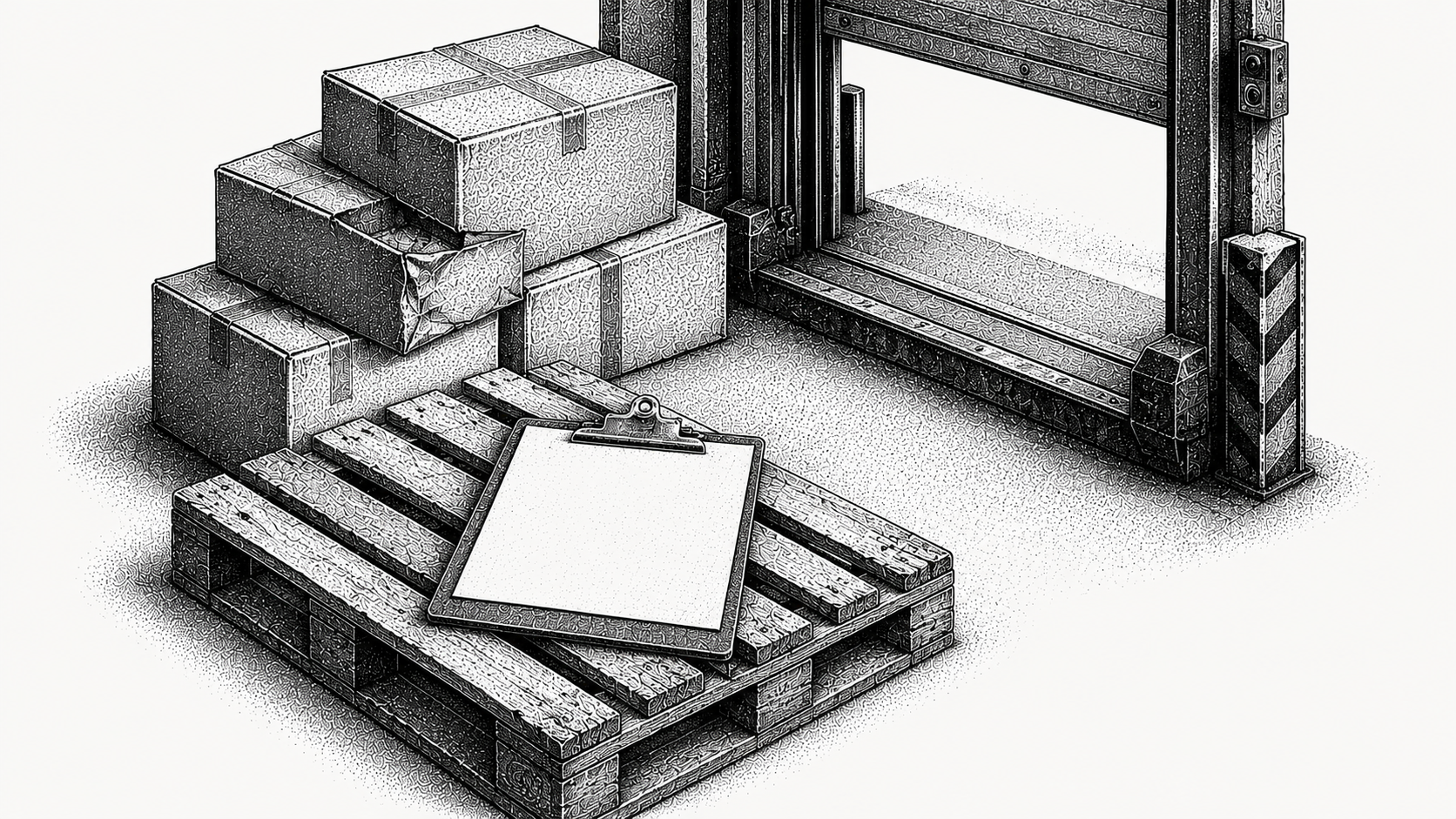 Isometric stipple illustration of a clipboard and delivery document on a pallet at a warehouse dock with a damaged carton behind it, representing evidence captured at the point of receipt.