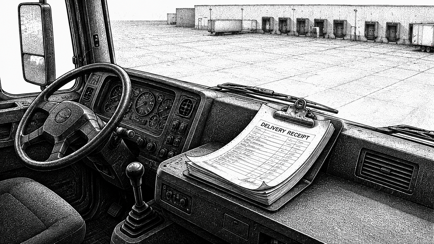 Isometric stipple illustration of paper delivery receipts stacked on a truck dashboard, representing proof of delivery paperwork that has not yet reached the billing team.