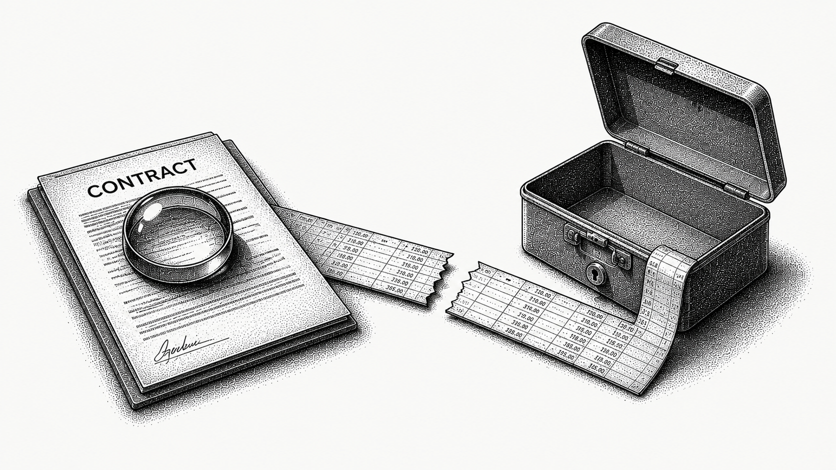 Isometric stipple illustration of a signed contract and an empty cash box connected by a severed paper ledger tape, representing the gap between booked revenue and collected cash.