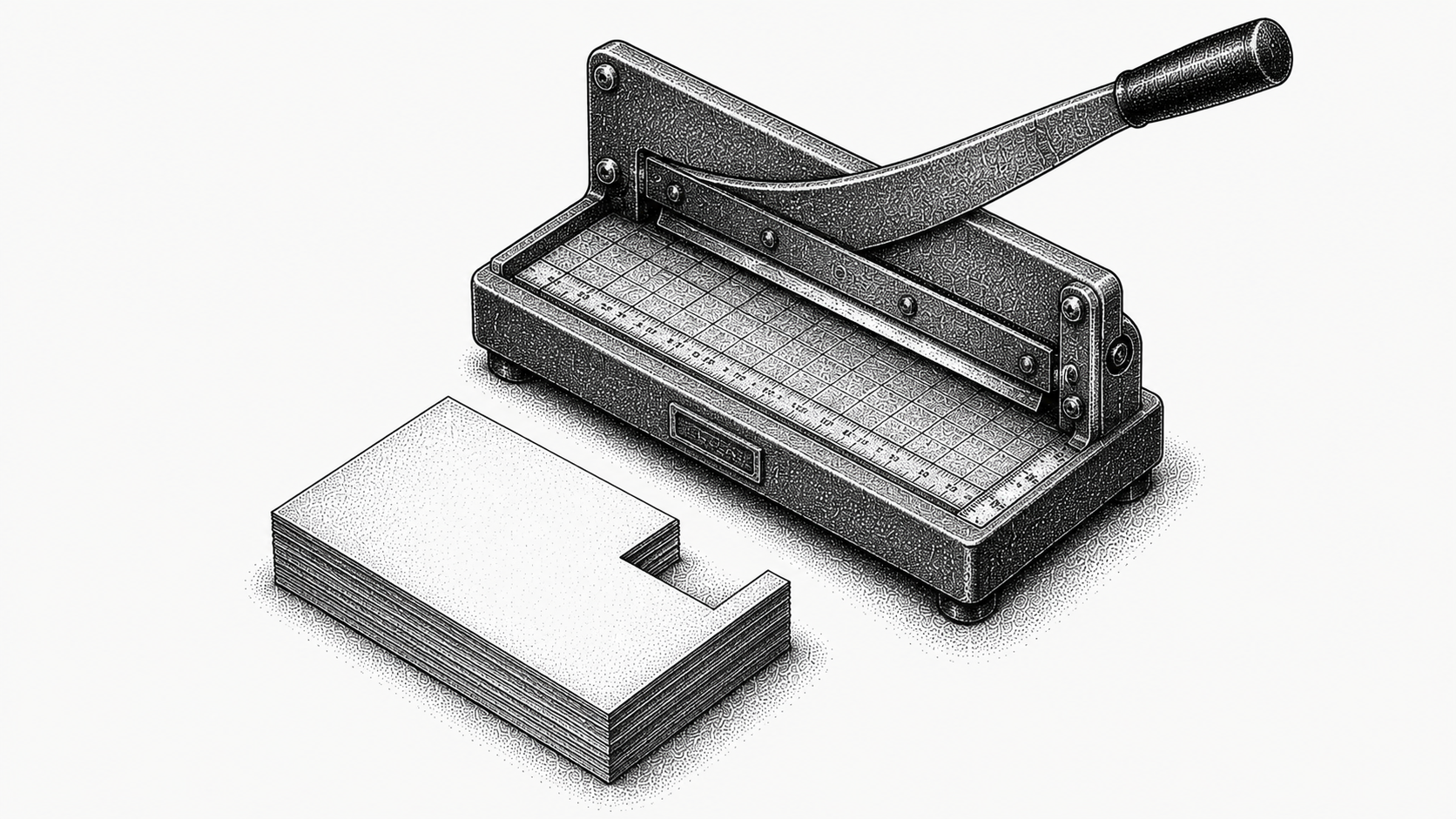 Isometric stipple illustration of a stack of paper with a rectangular section cut cleanly away from the top sheet, representing a payment that arrives smaller than the invoice.