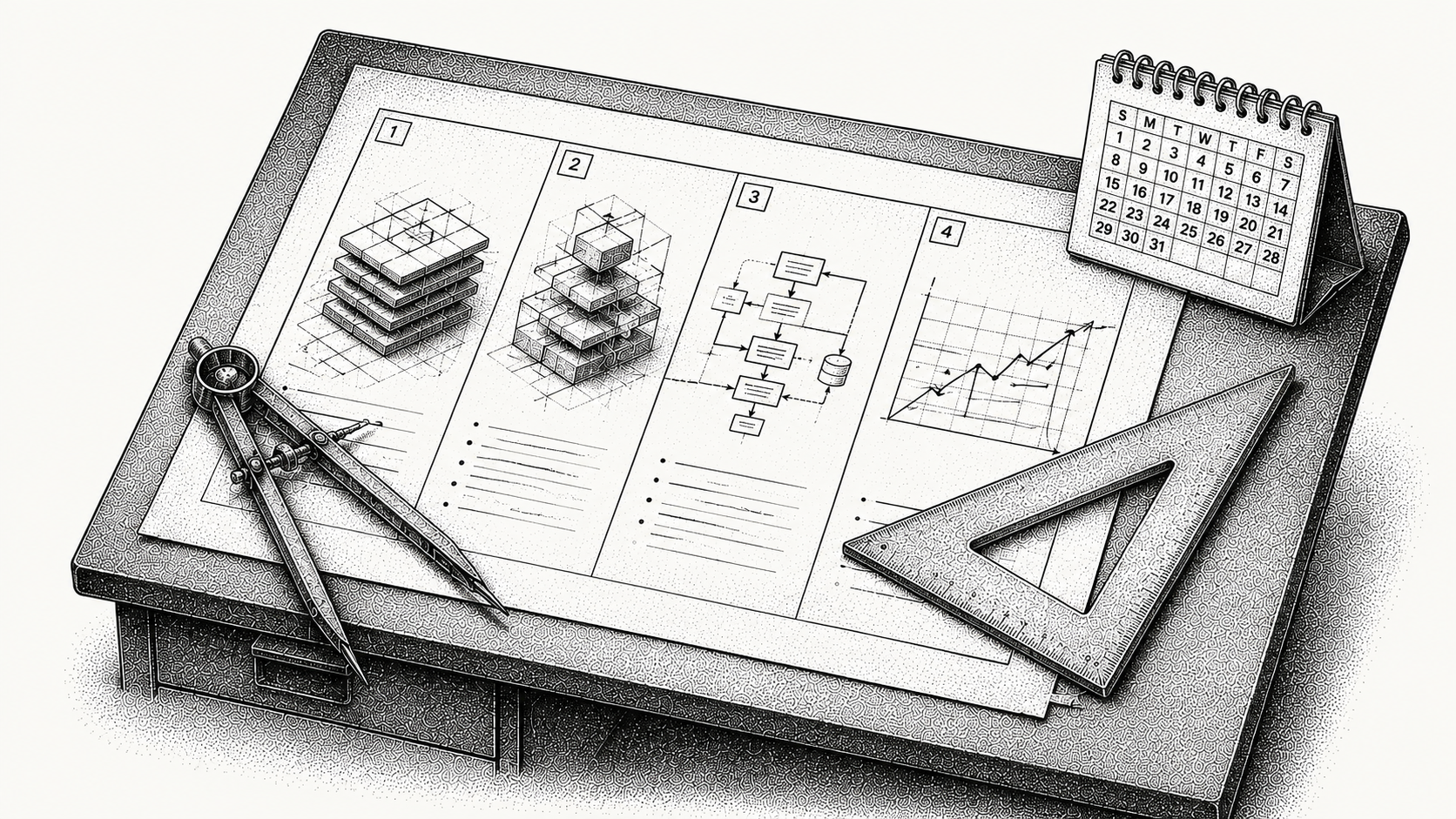 Isometric stipple illustration of a drafting table with a plan divided into four ruled panels and a one month desk calendar, representing a four week AR platform rollout.