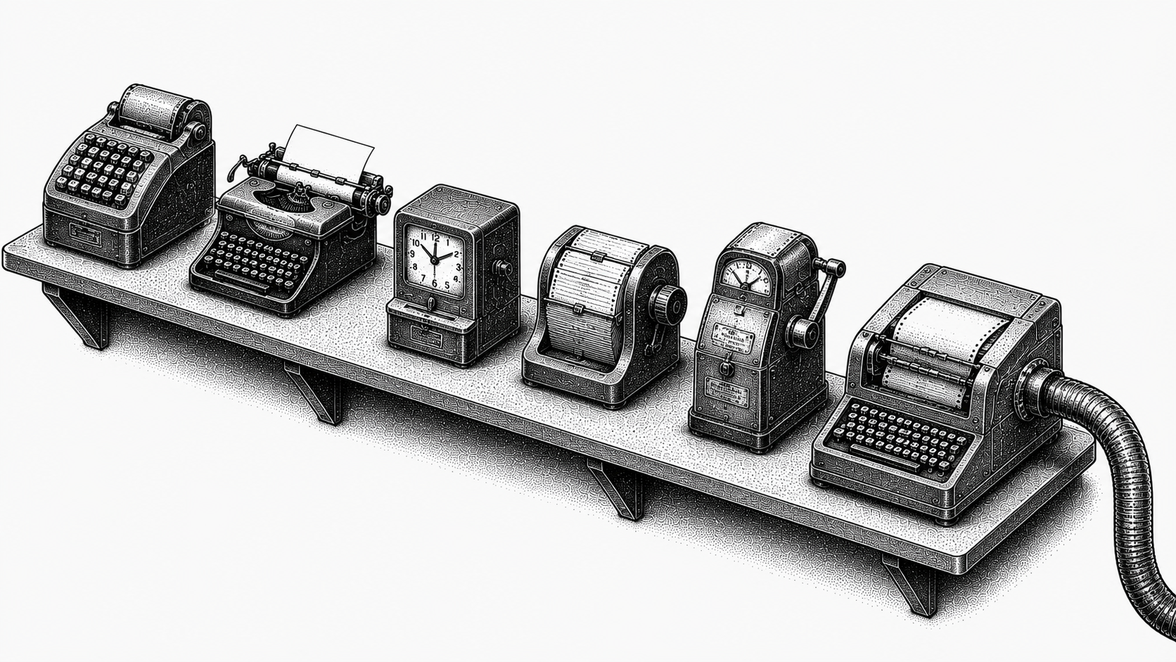 Isometric stipple illustration of six vintage office machines in a row, only one of them connected to a tube leading away, representing invoicing tools that stop at the invoice versus one that carries it through to cash.