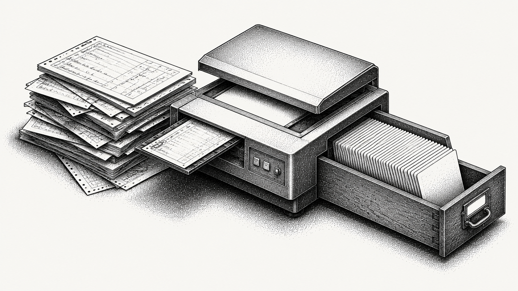 Isometric stipple illustration of varied documents feeding into a scanner and uniform index cards emerging into a card catalogue drawer, representing capture turning unstructured documents into structured data.