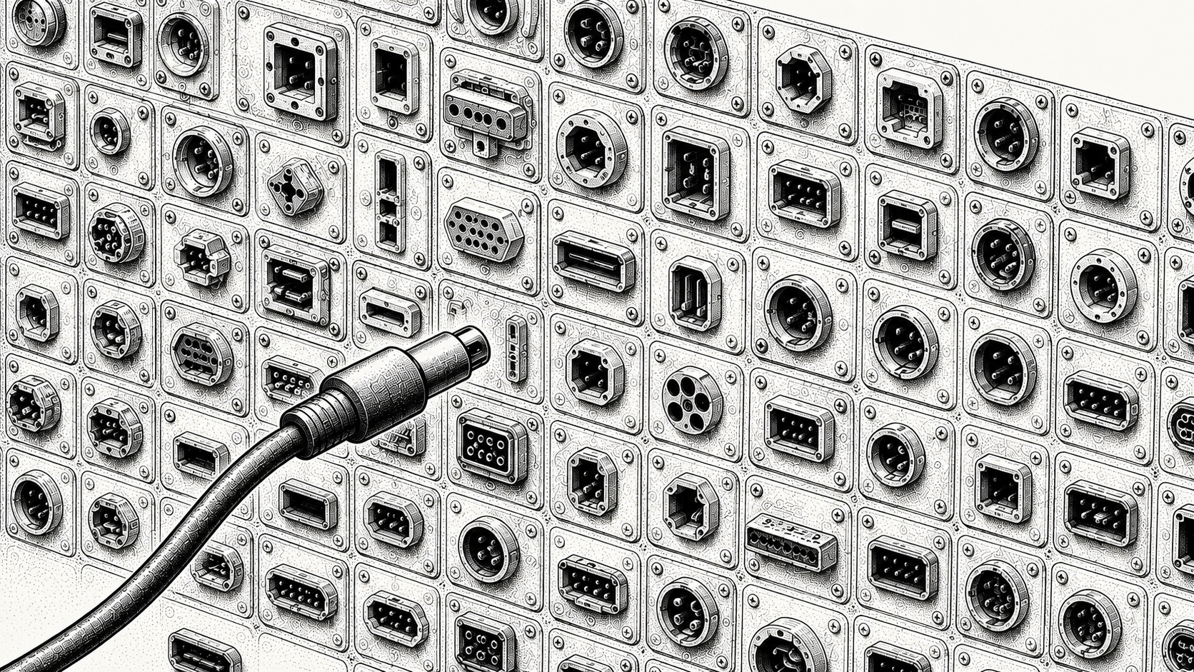 Isometric stipple illustration of a switchboard where every socket is a different shape and a single patch cable fits none of them, representing accounts payable portals that share no common standard.