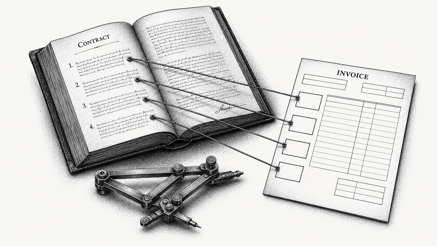 Isometric stipple illustration of threads running from clauses in an open contract to matching empty fields on a blank invoice, representing contract terms feeding directly into billing.