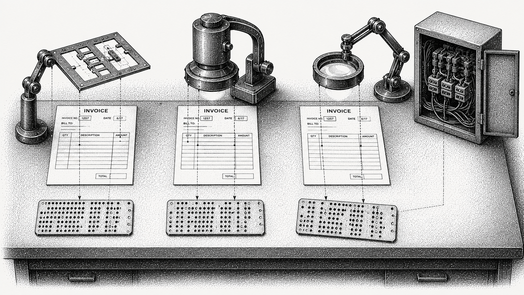 Isometric stipple illustration of three different vintage reading machines processing identical invoices and producing three output cards, one of them misprinted, representing three generations of extraction technology with differing accuracy.