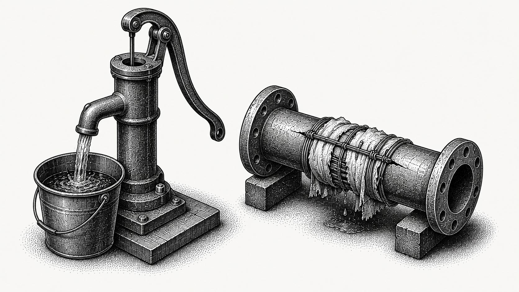 Isometric stipple illustration of a pump filling a bucket beside a cracked pipe bound with wire, representing the difference between advancing cash against invoices and fixing the cause of the delay.