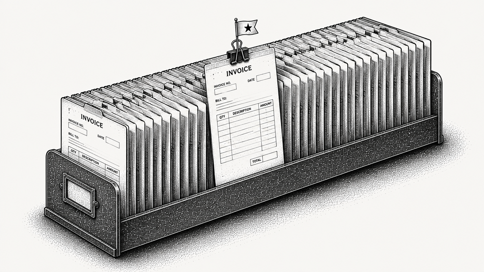 Isometric stipple illustration of a filing rack of upright invoices with one pulled out sideways and flagged, representing a disputed invoice made visible rather than left to stall in the aging report.