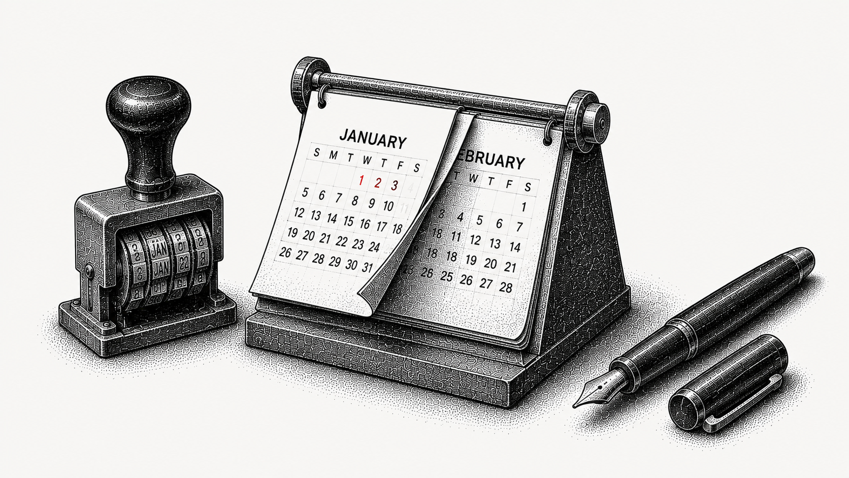 Isometric stipple illustration of a desk calendar page caught mid turn between a rubber stamp and an uncapped pen, representing the choice between auto-billing a renewal and requiring a manual re-sign.