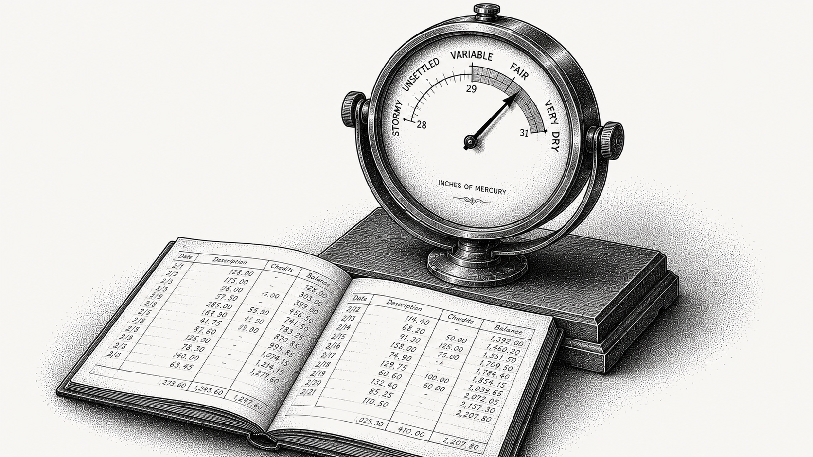 Isometric stipple illustration of a brass barometer whose needle indicates a band rather than a single point, above a ledger of figures, representing a cash forecast expressed as a range rather than one number.