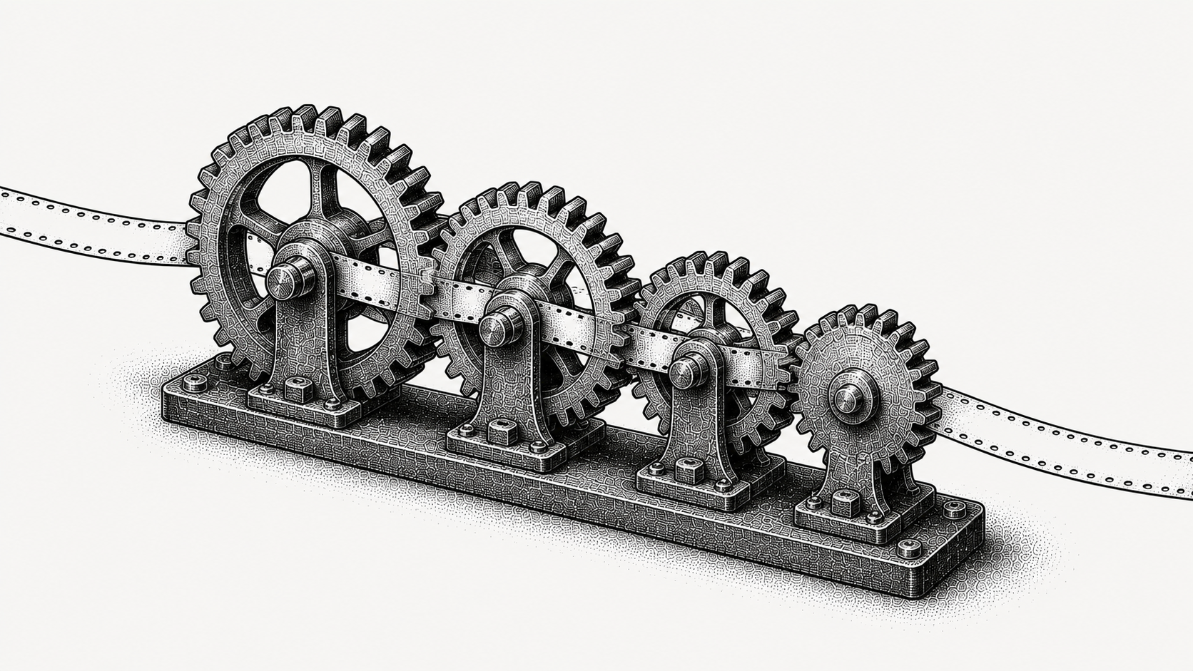 Isometric stipple illustration of four meshed brass gears with a single paper tape threading through all of them, representing accounting, billing, CRM and payment systems reconciling to one record.